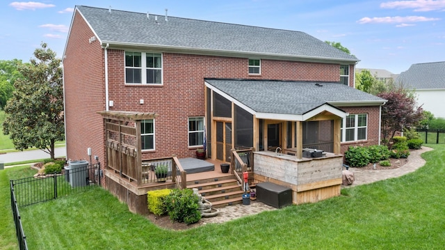 420 Fannis Cir, Gallatin, TN 37066 - back of house featuring a wooden deck, roof with shingles, brick siding, and a sunroom