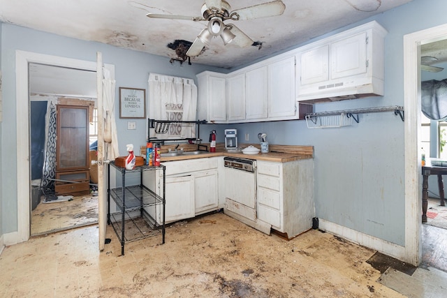 104 Lowe St, Ashland City, TN 37015 - kitchen featuring under cabinet range hood, white cabinetry, dishwasher, ceiling fan, and light countertops