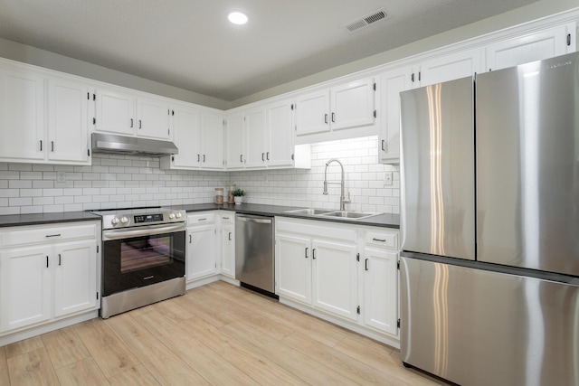 9039 Dallas Hollow Rd, Soddy Daisy, TN 37379 - kitchen featuring stainless steel appliances, a sink, under cabinet range hood, dark countertops, and white cabinets