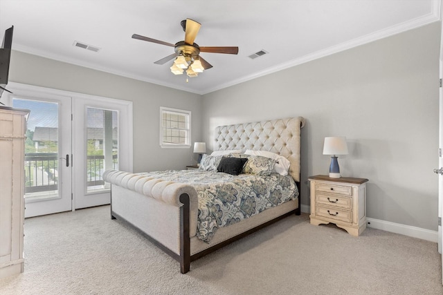 bedroom featuring light carpet, access to exterior, ornamental molding, baseboards, and ceiling fan