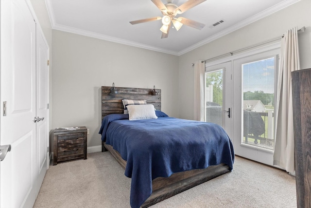 bedroom featuring carpet flooring, access to outside, crown molding, a ceiling fan, and baseboards