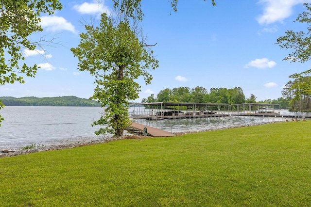 dock with a water view, a yard, and boat lift