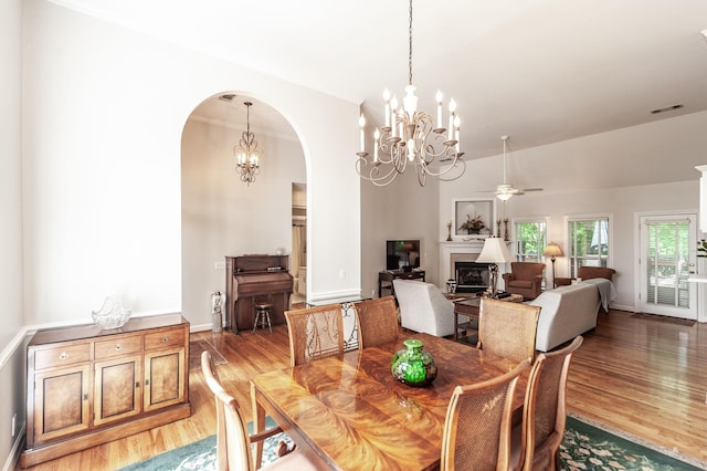 6737 Autumnwood Dr, Nashville, TN 37221 - dining room with light wood-style flooring, a fireplace, a chandelier, arched walkways, and a ceiling fan