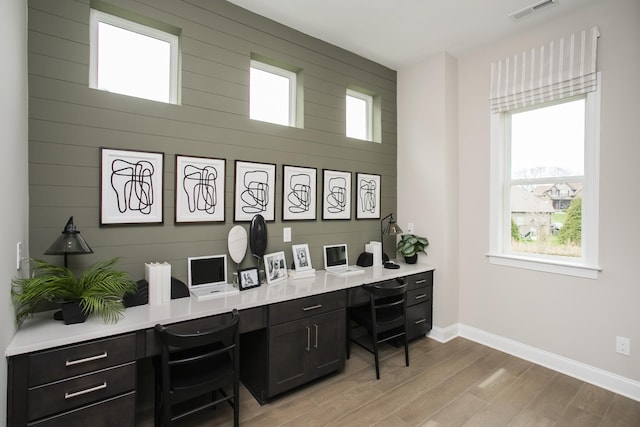 5969 Hunt Valley Dr, Spring Hill, TN 37174 - office with built in study area, healthy amount of natural light, baseboards, light wood-style floors, and wood walls