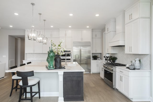 5969 Hunt Valley Dr, Spring Hill, TN 37174 - kitchen with high quality appliances, custom range hood, decorative backsplash, a kitchen island with sink, and white cabinetry