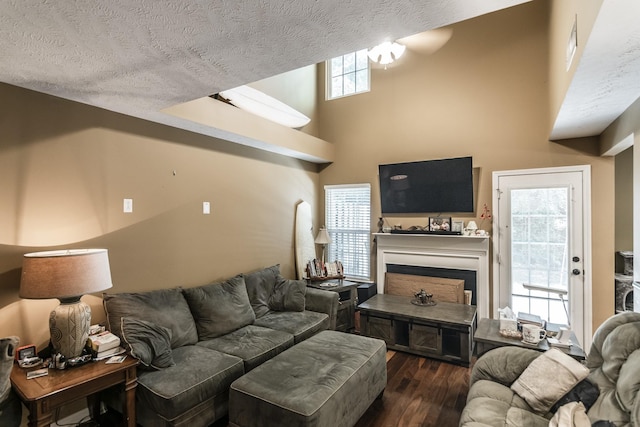 living area featuring wood finished floors, a fireplace, and a textured ceiling