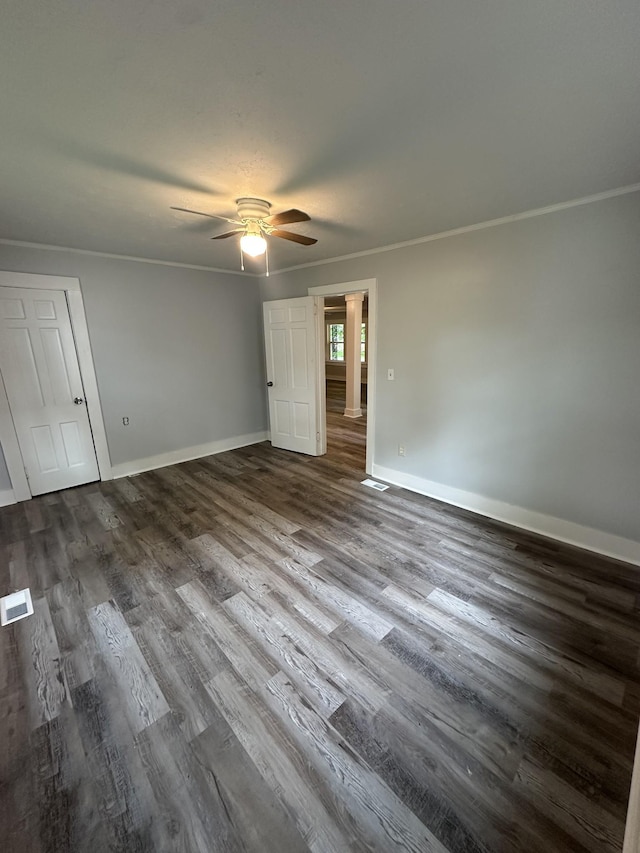 105 Murfreesboro St, Murfreesboro, TN 37127 - unfurnished bedroom with dark wood-style floors, baseboards, ornamental molding, and a ceiling fan