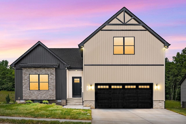 178 Dewberry Ct, Clarksville, TN 37042 - modern inspired farmhouse featuring stone siding, concrete driveway, an attached garage, a shingled roof, and board and batten siding