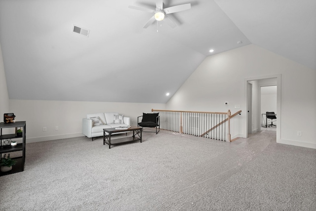 178 Dewberry Ct, Clarksville, TN 37042 - living area featuring vaulted ceiling, an upstairs landing, ceiling fan, carpet flooring, and baseboards