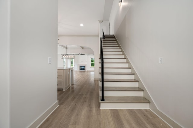 508 Gresham Ln, Murfreesboro, TN 37129 - stairway featuring wood finished floors, a fireplace, baseboards, and recessed lighting
