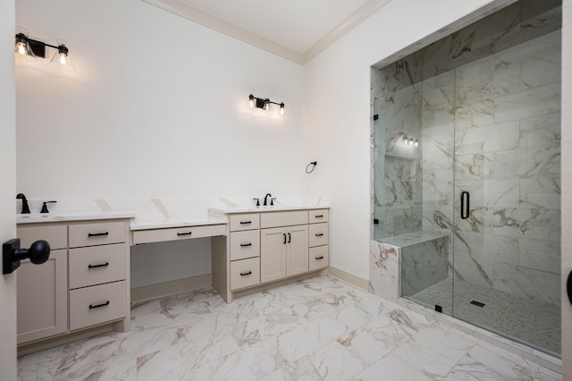 508 Gresham Ln, Murfreesboro, TN 37129 - bathroom featuring a marble finish shower, marble finish floors, vanity, and baseboards