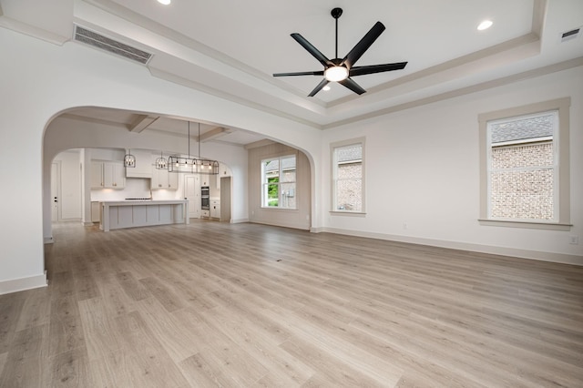 508 Gresham Ln, Murfreesboro, TN 37129 - unfurnished living room with arched walkways, a tray ceiling, ceiling fan, light wood-type flooring, and recessed lighting