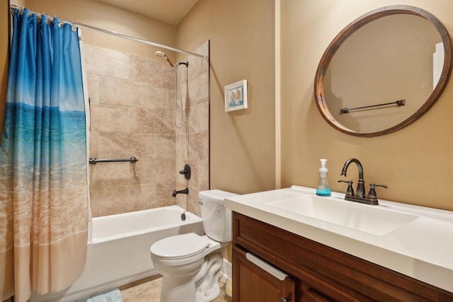 full bathroom featuring shower / bathtub combination with curtain, toilet, and vanity