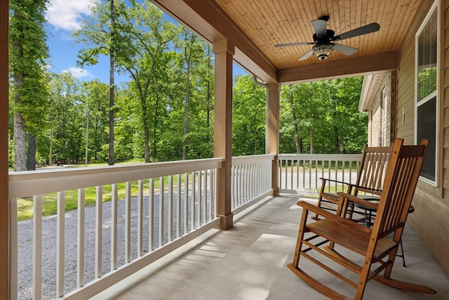 balcony featuring a ceiling fan and covered porch