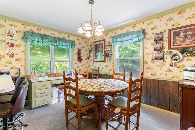 1326 Holly Tree Gap Rd, Brentwood, TN 37027 - dining space with wallpapered walls, wainscoting, crown molding, plenty of natural light, and carpet flooring