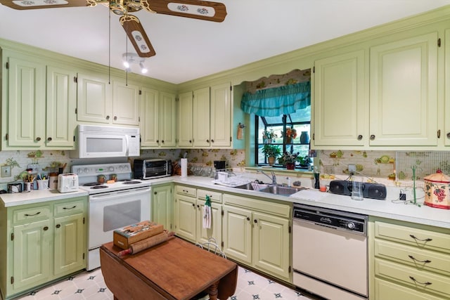 1326 Holly Tree Gap Rd, Brentwood, TN 37027 - kitchen featuring white appliances, a sink, light countertops, backsplash, and ceiling fan