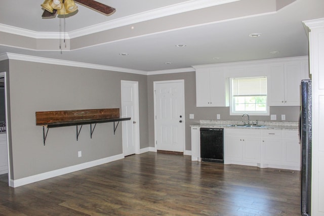 430 Gobble St, Lawrenceburg, TN 38464 - kitchen featuring dishwasher, freestanding refrigerator, dark wood finished floors, white cabinetry, and a ceiling fan
