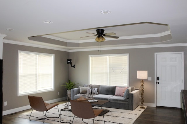 430 Gobble St, Lawrenceburg, TN 38464 - living area with a raised ceiling, ceiling fan, wood finished floors, and ornamental molding