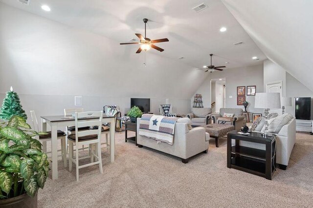 503 Carriage Ln, Lebanon, TN 37087 - living area featuring lofted ceiling, a ceiling fan, light carpet, and recessed lighting