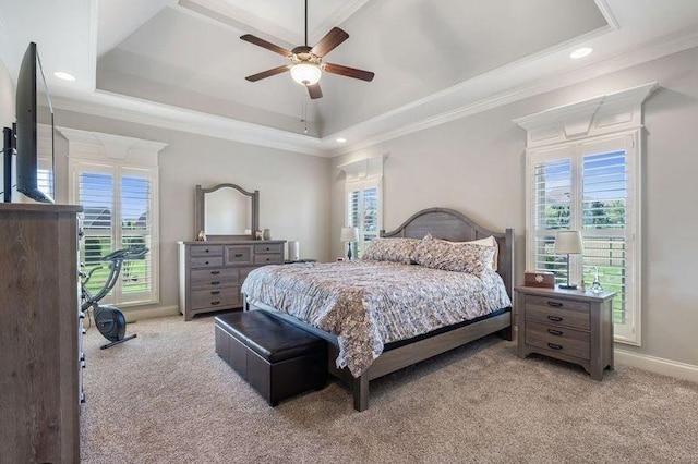 503 Carriage Ln, Lebanon, TN 37087 - carpeted bedroom with a tray ceiling, baseboards, ornamental molding, ceiling fan, and recessed lighting