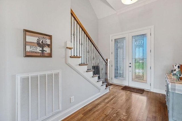 503 Carriage Ln, Lebanon, TN 37087 - entryway featuring french doors, wood finished floors, stairway, baseboards, and ornamental molding