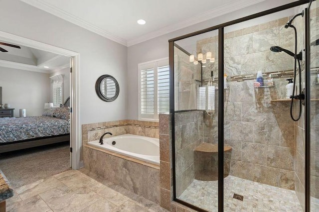 503 Carriage Ln, Lebanon, TN 37087 - ensuite bathroom with a shower stall, a garden tub, ornamental molding, a ceiling fan, and recessed lighting