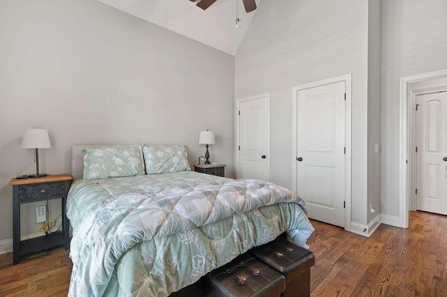 503 Carriage Ln, Lebanon, TN 37087 - bedroom featuring high vaulted ceiling, wood finished floors, baseboards, and a ceiling fan
