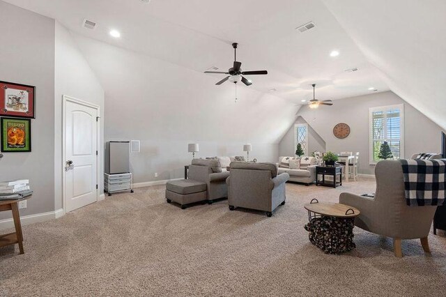 503 Carriage Ln, Lebanon, TN 37087 - living room with lofted ceiling, a ceiling fan, baseboards, light colored carpet, and recessed lighting