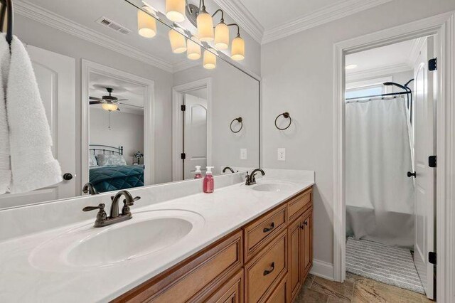 503 Carriage Ln, Lebanon, TN 37087 - bathroom featuring ensuite bathroom, ceiling fan, double vanity, ornamental molding, and curtained shower