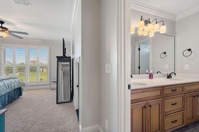 503 Carriage Ln, Lebanon, TN 37087 - ensuite bathroom featuring crown molding, a ceiling fan, double vanity, and baseboards