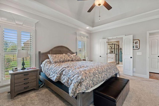 503 Carriage Ln, Lebanon, TN 37087 - bedroom with light carpet, ornamental molding, baseboards, ensuite bathroom, and a ceiling fan