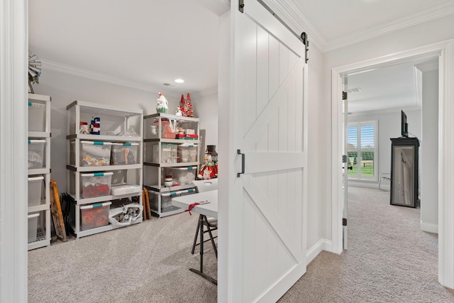 503 Carriage Ln, Lebanon, TN 37087 - hallway with a barn door, carpet flooring, ornamental molding, baseboards, and recessed lighting