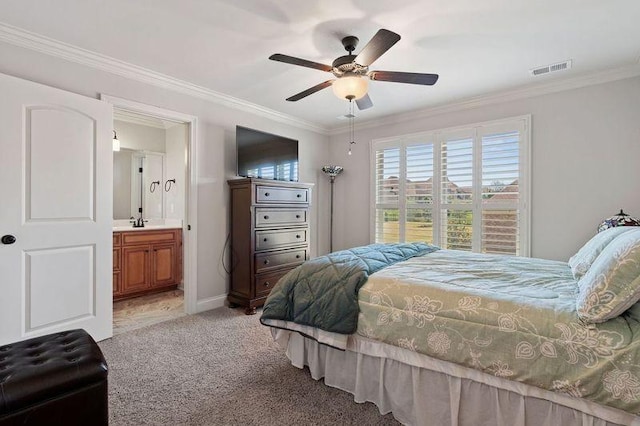 503 Carriage Ln, Lebanon, TN 37087 - bedroom featuring light colored carpet, ornamental molding, a sink, ensuite bathroom, and a ceiling fan