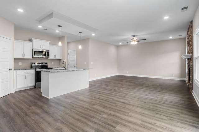 373 Galway Dr, Clarksville, TN 37042 - kitchen featuring stainless steel appliances, a ceiling fan, open floor plan, white cabinetry, and recessed lighting