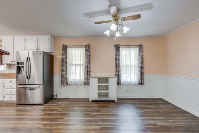 3008 Mcintire Dr, Columbia, TN 38401 - kitchen with stainless steel fridge with ice dispenser, a ceiling fan, white cabinets, dark wood-style floors, and a wainscoted wall