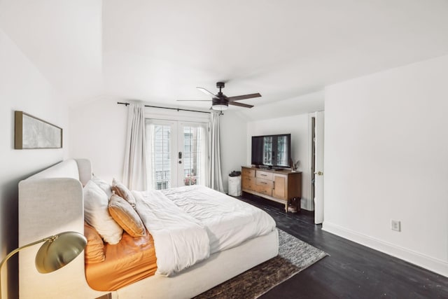 bedroom featuring french doors, baseboards, dark wood-style floors, vaulted ceiling, and ceiling fan