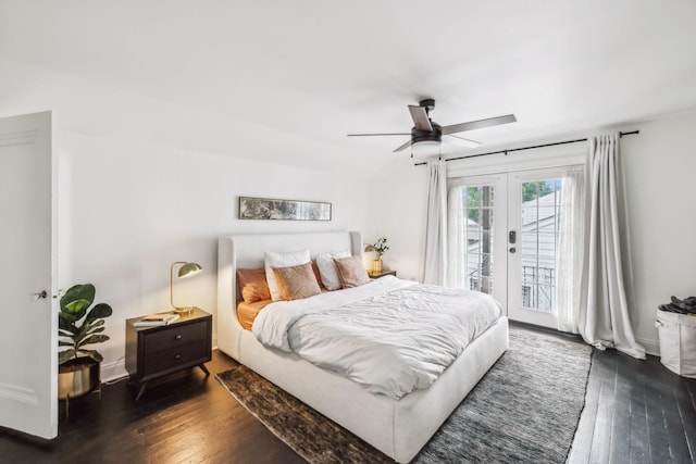 bedroom featuring access to exterior, hardwood / wood-style floors, french doors, and ceiling fan