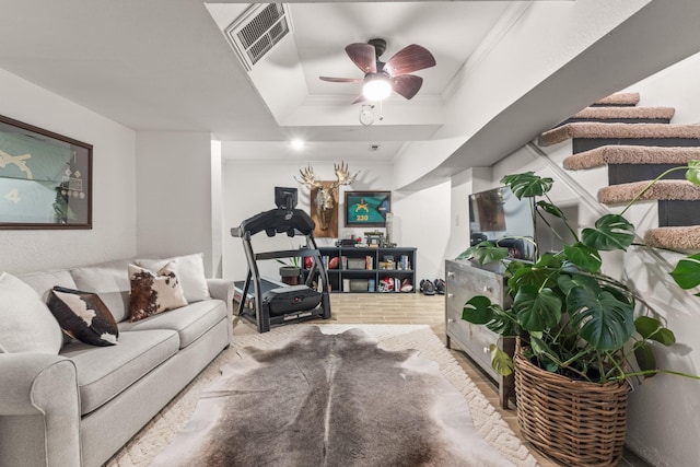 813 Swanson Blvd, Fayetteville, TN 37334 - living area with a ceiling fan, crown molding, and a tray ceiling