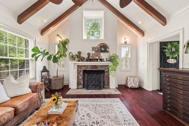 813 Swanson Blvd, Fayetteville, TN 37334 - living area featuring beamed ceiling, dark wood finished floors, ceiling fan, a stone fireplace, and high vaulted ceiling
