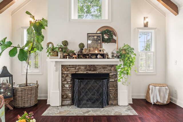 813 Swanson Blvd, Fayetteville, TN 37334 - living room featuring beam ceiling, wood finished floors, baseboards, healthy amount of natural light, and high vaulted ceiling