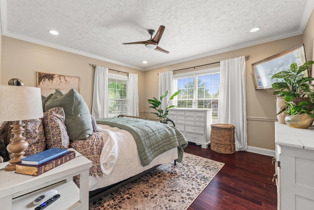 813 Swanson Blvd, Fayetteville, TN 37334 - bedroom with a textured ceiling, ornamental molding, dark wood finished floors, baseboards, and a ceiling fan