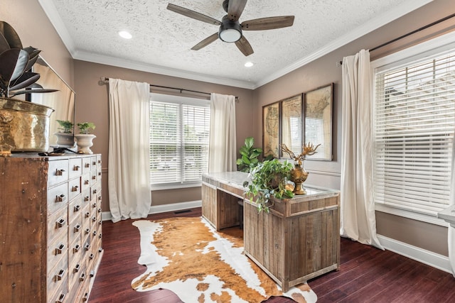 813 Swanson Blvd, Fayetteville, TN 37334 - office area with a textured ceiling, ceiling fan, wood finished floors, baseboards, and crown molding