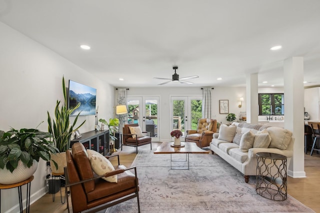4151 Sadlersville Rd, Adams, TN 37010 - living area featuring recessed lighting, ceiling fan, light wood-type flooring, french doors, and baseboards