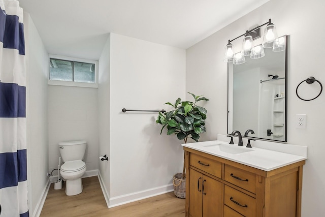 4151 Sadlersville Rd, Adams, TN 37010 - bathroom featuring wood finished floors, toilet, vanity, baseboards, and a shower with curtain