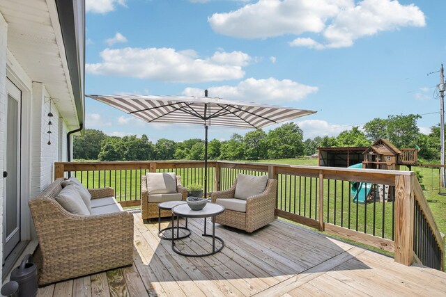 4151 Sadlersville Rd, Adams, TN 37010 - wooden terrace with a playground, a lawn, and an outdoor hangout area