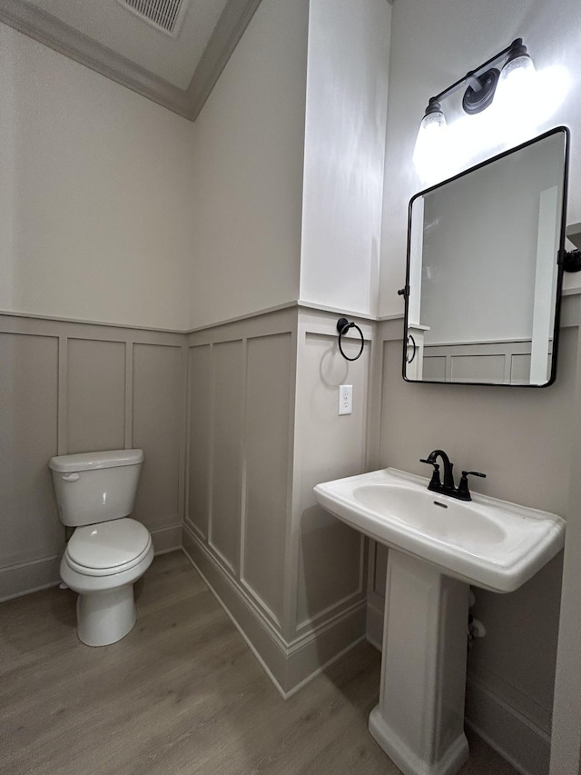 5742 Sagebrush Dr, Murfreesboro, TN 37129 - bathroom with a decorative wall, toilet, wood finished floors, a wainscoted wall, and a sink