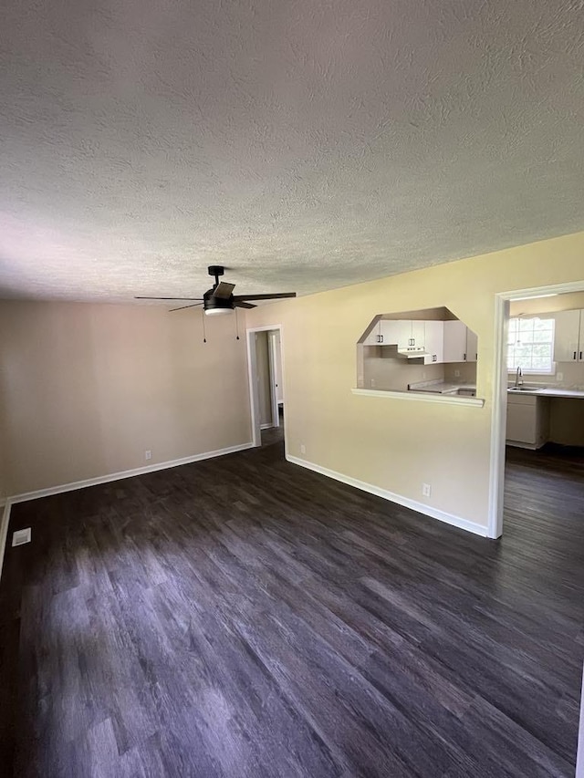 8315 Oak Springs Rd, Nunnelly, TN 37137 - unfurnished living room with dark wood-style floors, a textured ceiling, a ceiling fan, a sink, and baseboards