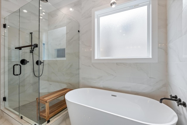 1541 Battlefield Dr Unit A, Nashville, TN 37215 - bathroom with a freestanding bath, tile walls, and a marble finish shower