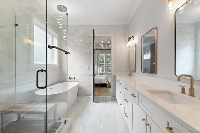 1541 Battlefield Dr Unit A, Nashville, TN 37215 - bathroom with marble finish flooring, double vanity, a freestanding bath, crown molding, and a shower stall