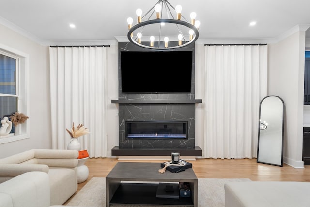 1541 Battlefield Dr Unit A, Nashville, TN 37215 - living room featuring wood finished floors, a chandelier, crown molding, a premium fireplace, and recessed lighting